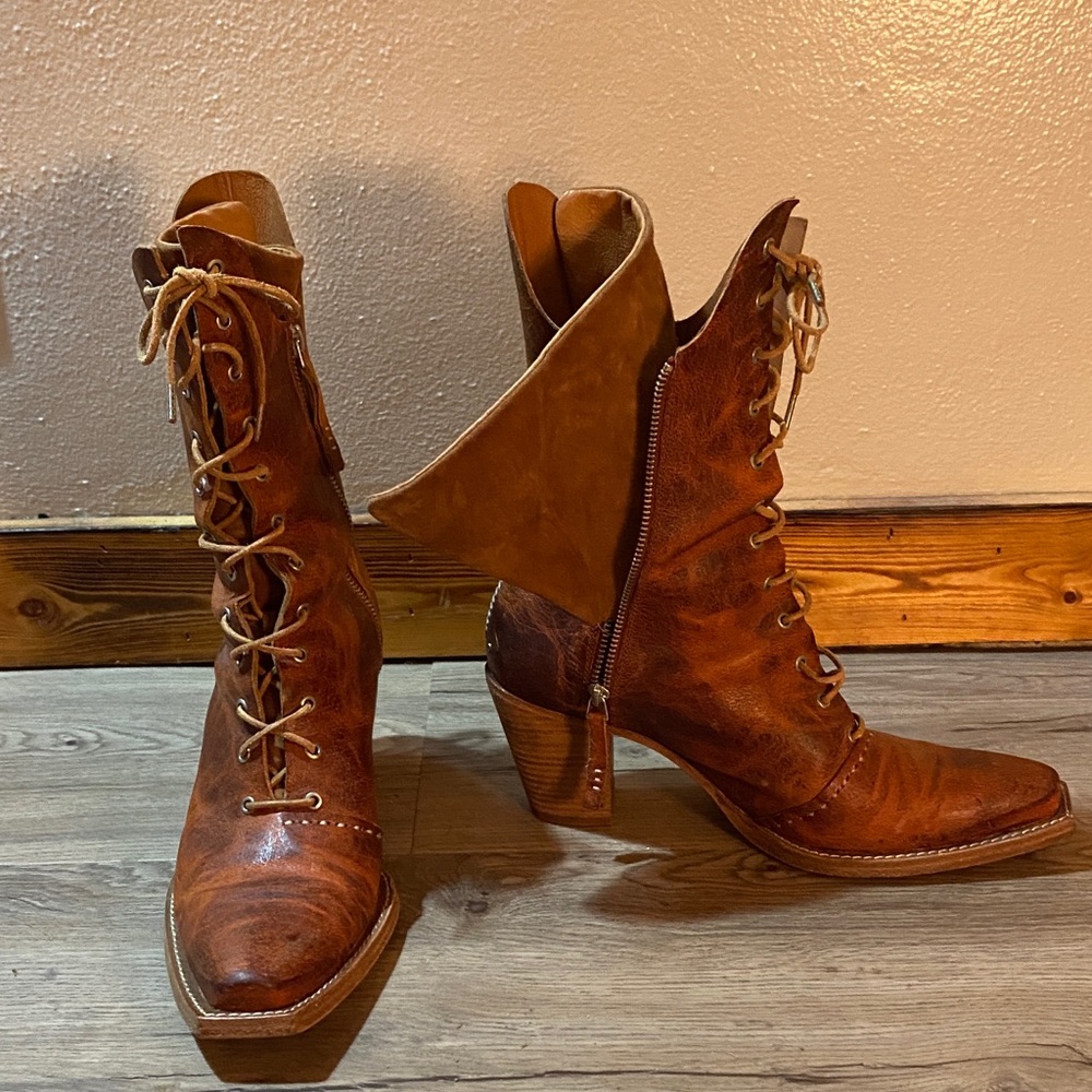 Free People Tan Leather Lace-Up Boots